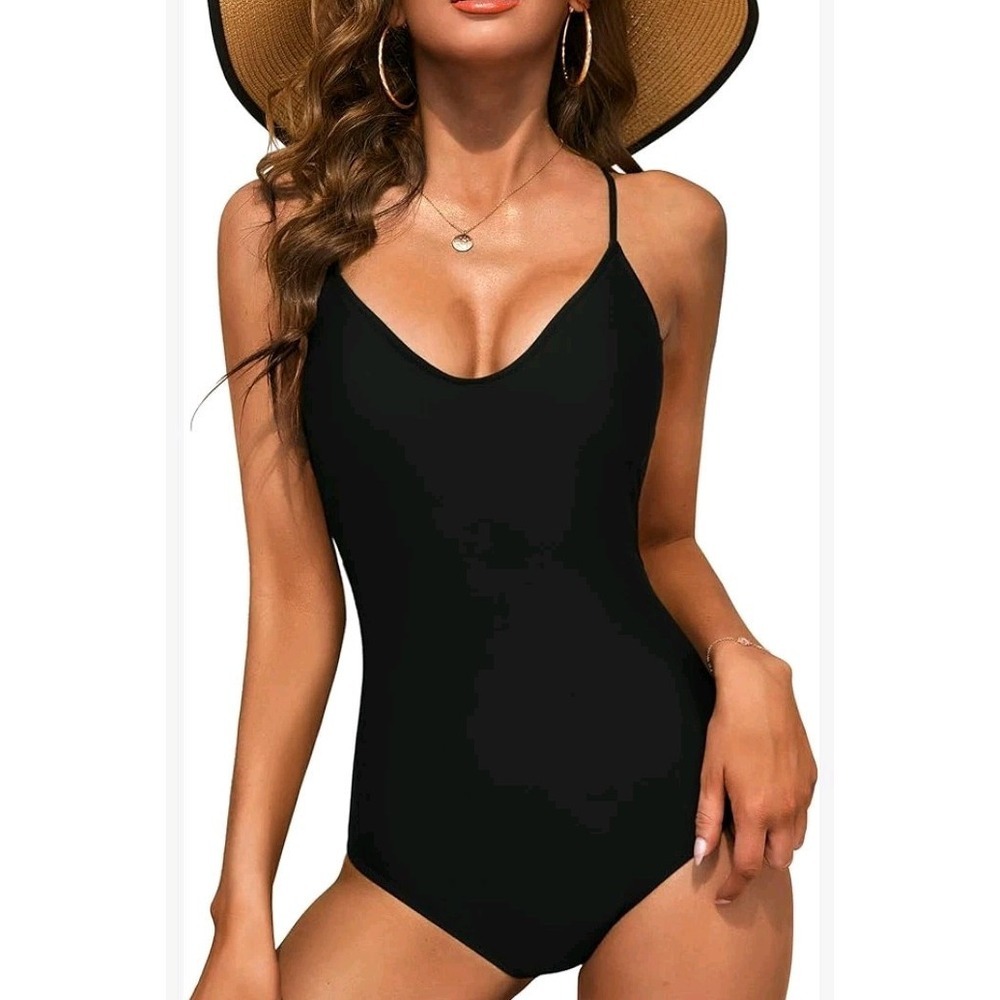 Ekouaer 1pc Black Adjustable Strap Criss Cross Open Back Swimsuit